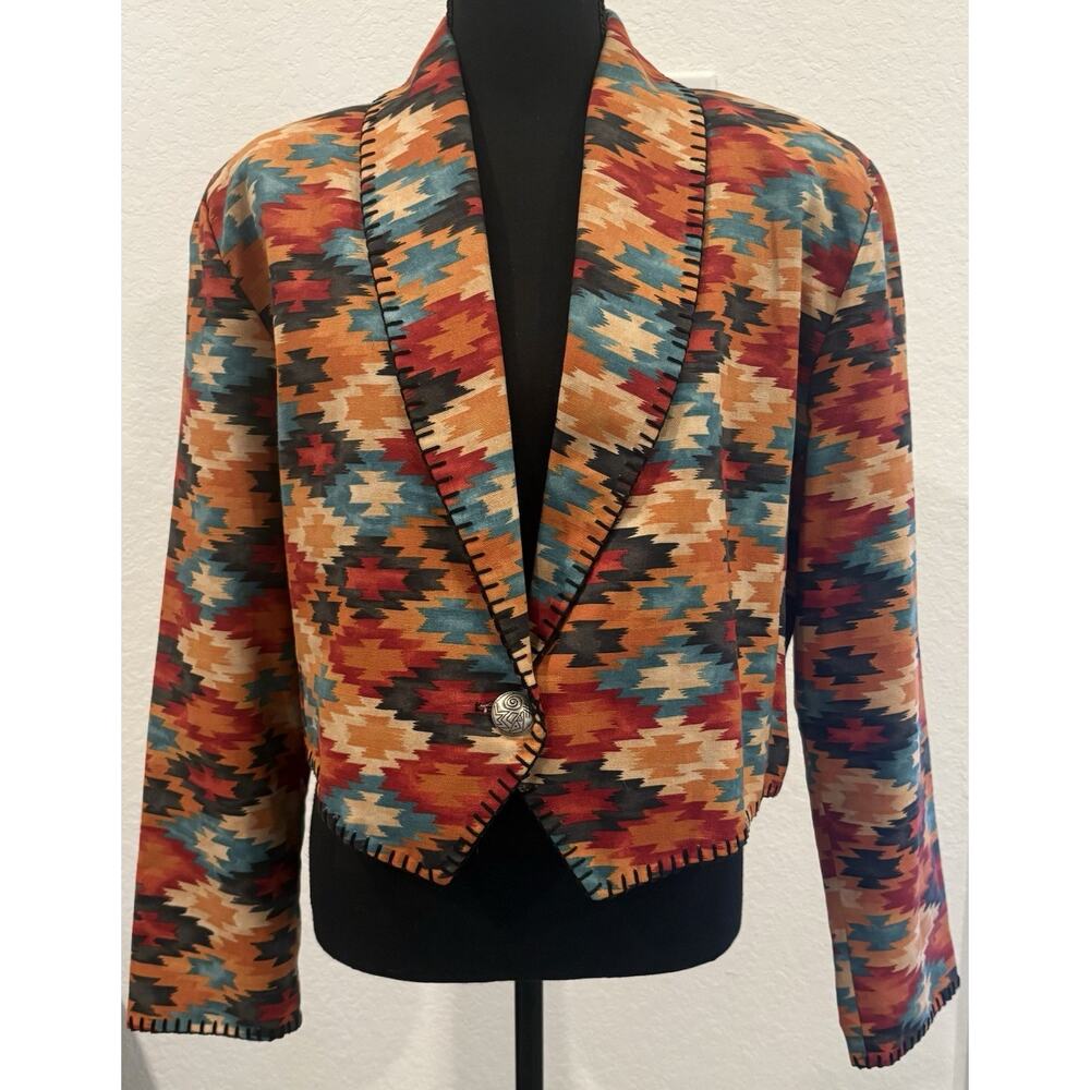 Vtg Rhonda Stark Aztec Cropped Blazer Jacket Southwest Style Concho Button Sz Lg